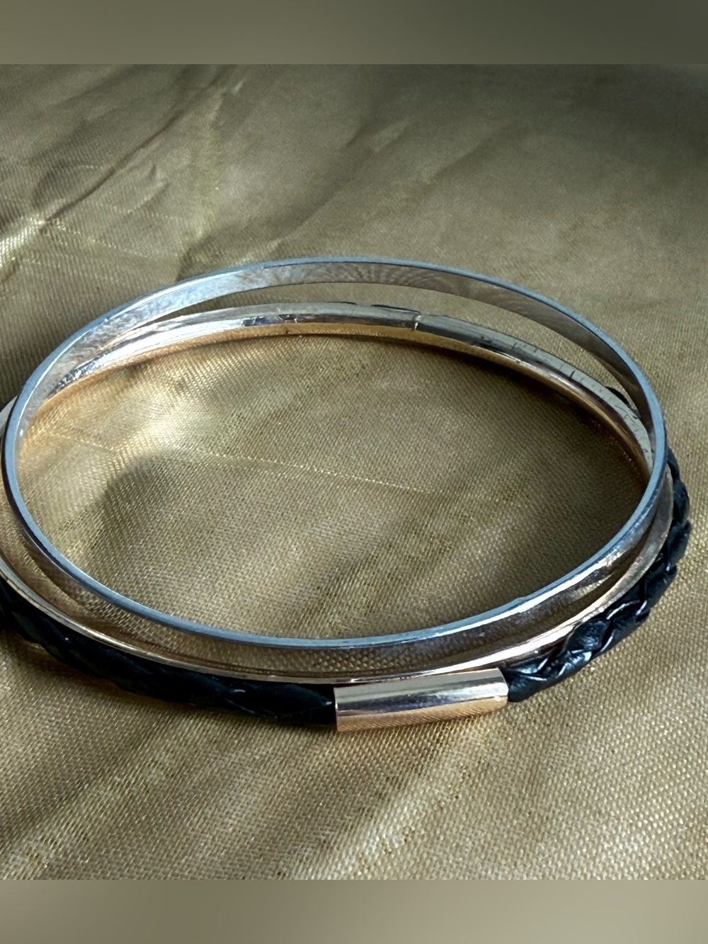 Gold & Silver Tone Bangles with Black Braided Accent